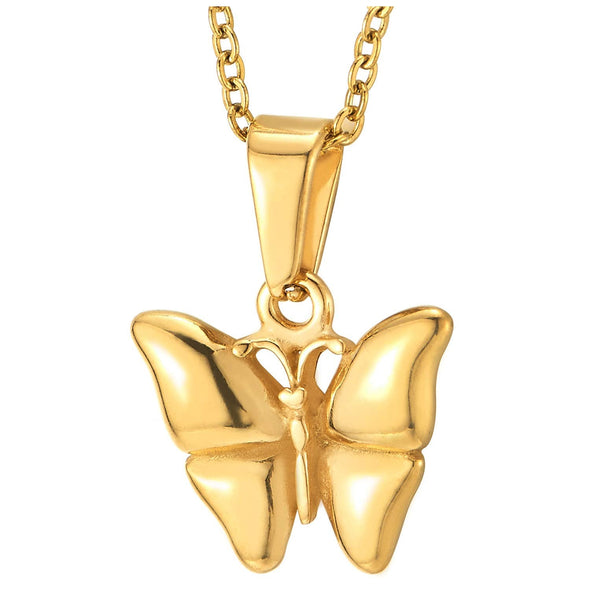 Womens Steel Gold Color Puff Butterfly Pendant Necklace, 20 inches Rope Chain, Polished, Exquisite