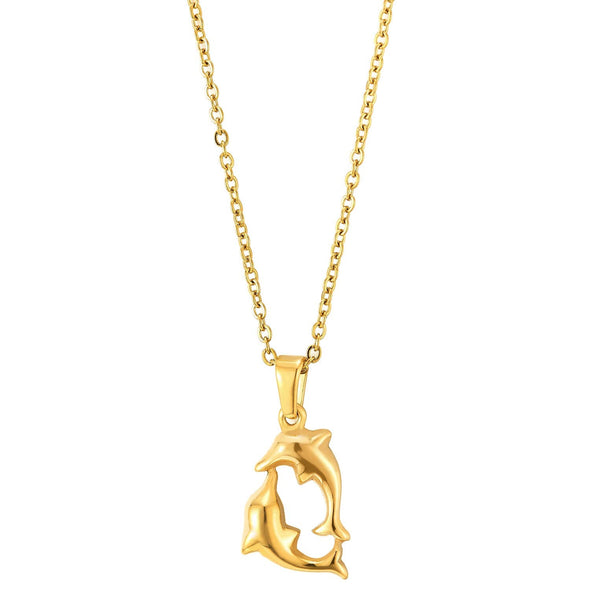 COOLSTEELANDBEYOND Womens Steel Gold Color Two Dolphins Playing Circle Pendant Necklace with 20 inches Rope Chain - coolsteelandbeyond