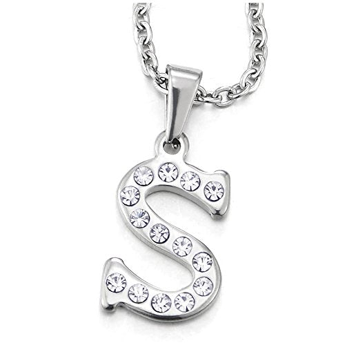 COOLSTEELANDBEYOND Womens Steel Name Initial Alphabet Letter A to Z Pendant Necklace with Cubic Zirconia, 20 inches Chain - COOLSTEELANDBEYOND Jewelry
