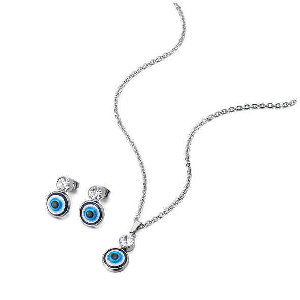 Womens Steel Small Evil Eye Protection Pendant Necklace with Solitaire Cubic Zirconia, Earrings Set - COOLSTEELANDBEYOND Jewelry