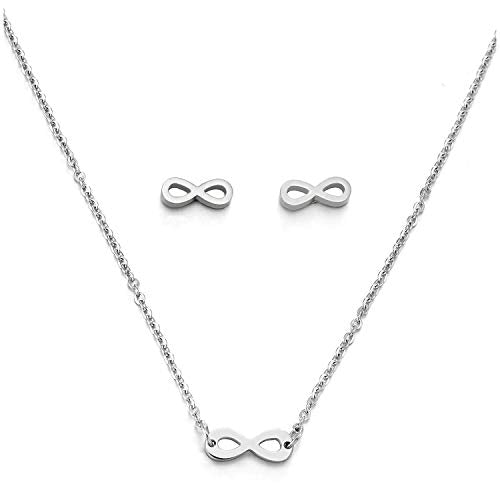 COOLSTEELANDBEYOND Womens Steel Small Infinity Love Number 8 Pendant Necklace, 18 Inches Rope Chain, Earrings Set - coolsteelandbeyond