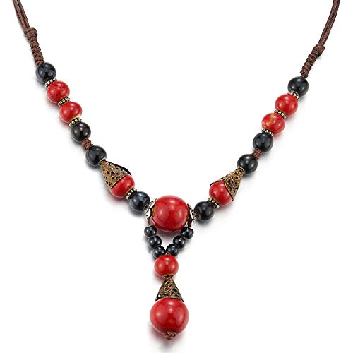 COOLSTEELANDBEYOND Y-Shape Statement Necklace Black Red Gem Stone Bead Charms Drop Dangle Pendant, Tribal Ethnic Folk - coolsteelandbeyond
