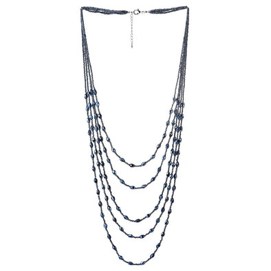 Dark Blue Oval Beads Statement Necklace Multi-Strand Long Chains with Crystal Charms Pendant - COOLSTEELANDBEYOND Jewelry