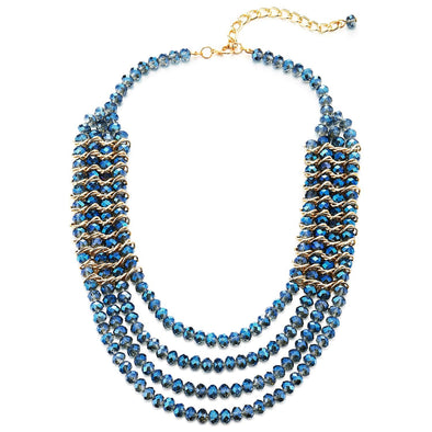Elegant 4 Layer Blue Crystal Beads Cluster Collar Statement Necklace Interwoven with Gold Color Wire - COOLSTEELANDBEYOND Jewelry