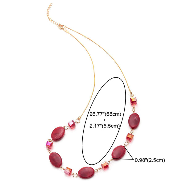 Elegant Gold Chain Statement Necklace with Red Cube Crystal Beads and Oval Resin Charms Pendant - coolsteelandbeyond