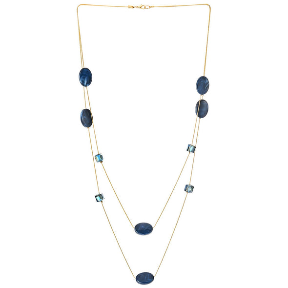 Elegant Gold Statement Necklace Two-Strand Long Chain with Blue Cube Crystal Beads Oval Resin Charms - coolsteelandbeyond