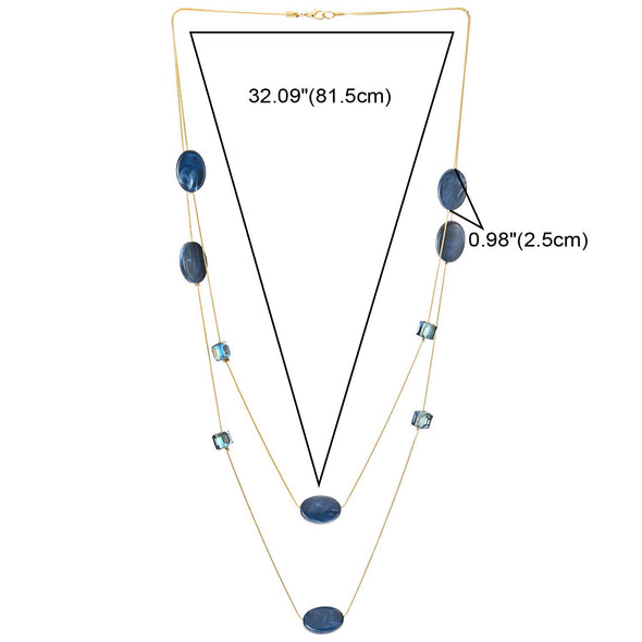 Elegant Gold Statement Necklace Two-Strand Long Chain with Blue Cube Crystal Beads Oval Resin Charms - coolsteelandbeyond