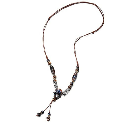 Ethnic Long Necklace Oxidized Blue Champagne Ceramic Beads Tribal Tube Bead Charm String Drop Dangle - COOLSTEELANDBEYOND Jewelry