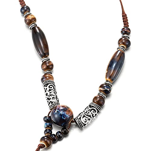 Ethnic Long Necklace Oxidized Blue Champagne Ceramic Beads Tribal Tube Bead Charm String Drop Dangle - COOLSTEELANDBEYOND Jewelry