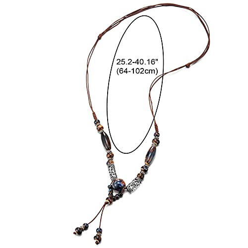 Ethnic Long Necklace Oxidized Blue Champagne Ceramic Beads Tribal Tube Bead Charm String Drop Dangle - COOLSTEELANDBEYOND Jewelry