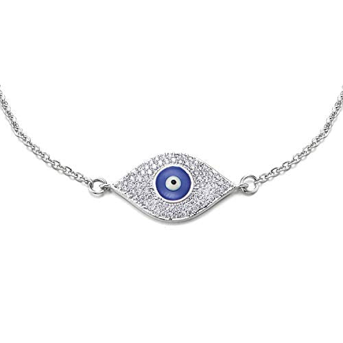 Evil Eye Protection Pendant Necklace with Cubic Zirconia Blue Enamel, Women Steel, Rope Chain - coolsteelandbeyond