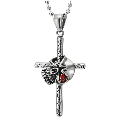 Exclusive Mens Womens Steel Vintage Textured Cross Skull Pendant Necklace with Red CZ, 23.6 in Chain - COOLSTEELANDBEYOND Jewelry