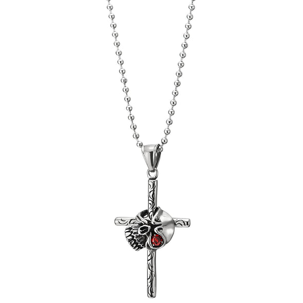 Exclusive Mens Womens Steel Vintage Textured Cross Skull Pendant Necklace with Red CZ, 23.6 in Chain - COOLSTEELANDBEYOND Jewelry