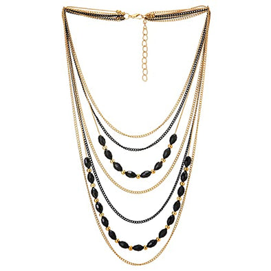 Gold Black Statement Collar Necklace Waterfall Multi-Strand Chains Black Gem Stone Ball Charm - COOLSTEELANDBEYOND Jewelry