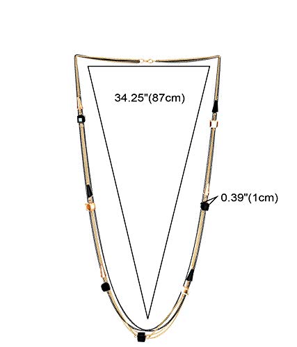 Gold Black Statement Long Necklace Multi-Strand Chains with Cube Cone Crystal Beads, Dress Party - coolsteelandbeyond