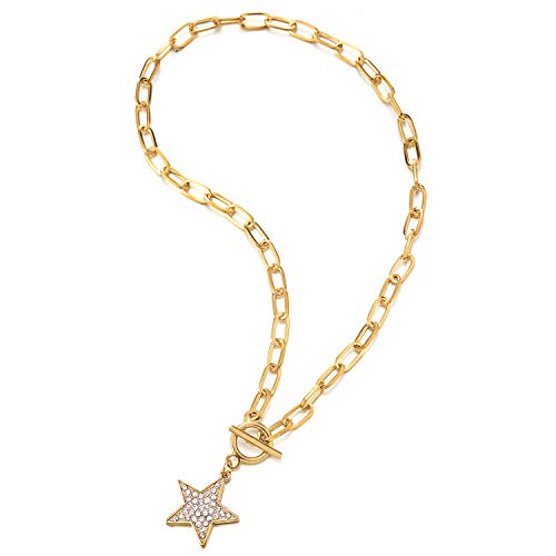 Gold Color Link Chain Choker Collar Statement Necklace with Dangling Rhinestones Pave Star Pentagram - coolsteelandbeyond