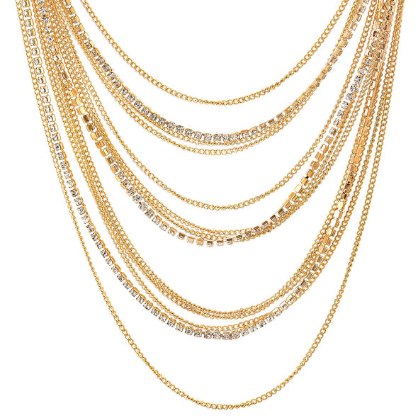 Gold Color Waterfall Multi-Strand Chains Statement Collar Necklace with Rhinestones Chains, Dress - COOLSTEELANDBEYOND Jewelry