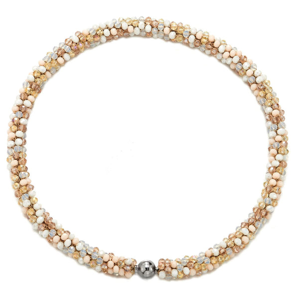 Gold Cream White Beads Crystal Statement Necklace Braided Chain Choker Magnetic Clasp - COOLSTEELANDBEYOND Jewelry