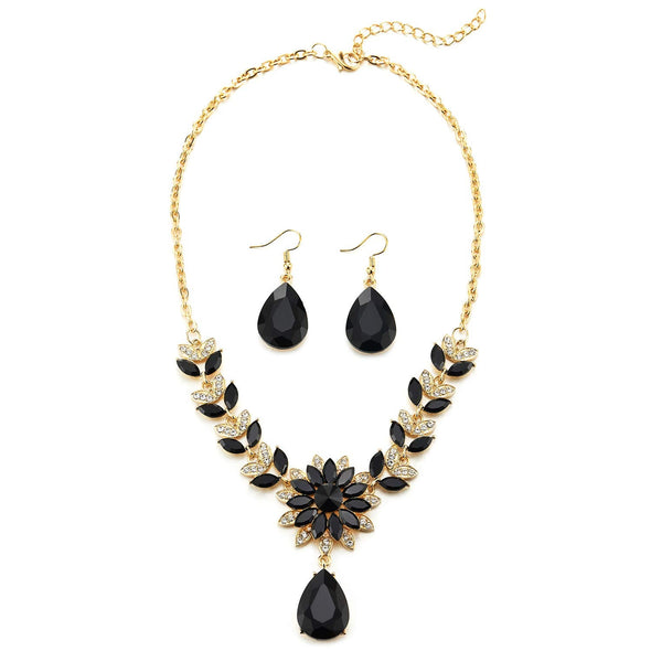 Gold Necklace Black Crystal White Rhinestone Cluster Flower Petal Teardrop Pendant Earrings Included