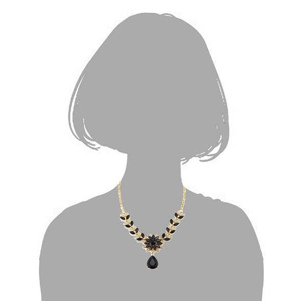 Gold Necklace Black Crystal White Rhinestone Cluster Flower Petal Teardrop Pendant Earrings Included