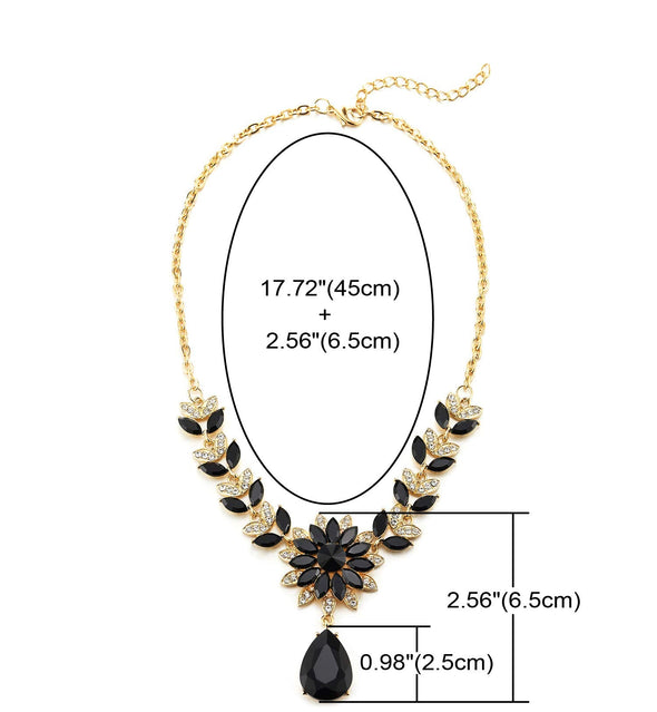 Gold Necklace Black Crystal White Rhinestone Cluster Flower Petal Teardrop Pendant Earrings Included