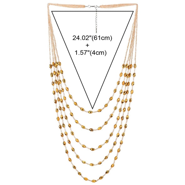 Gold Oval Beads Statement Necklace Multi-Strand Long Chains with Crystal Charms Pendant - COOLSTEELANDBEYOND Jewelry