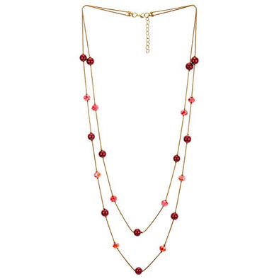Gold Red Statement Necklace Two-Strand Long Chains with Red Crystal Beads Charms, Fashionable, Dress - coolsteelandbeyond