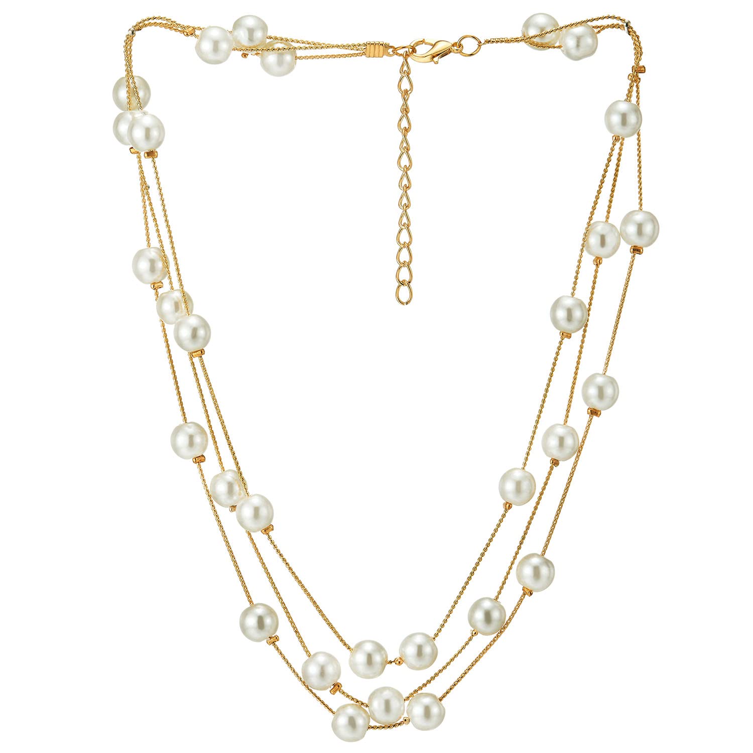 Gold Statement Necklace Three-Strand Long Chains with Synthetic White