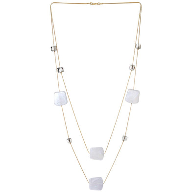Gold Statement Necklace Two-Strand Long Chain with Cube Crystal Beads White Grey Resin Square Charms - COOLSTEELANDBEYOND Jewelry