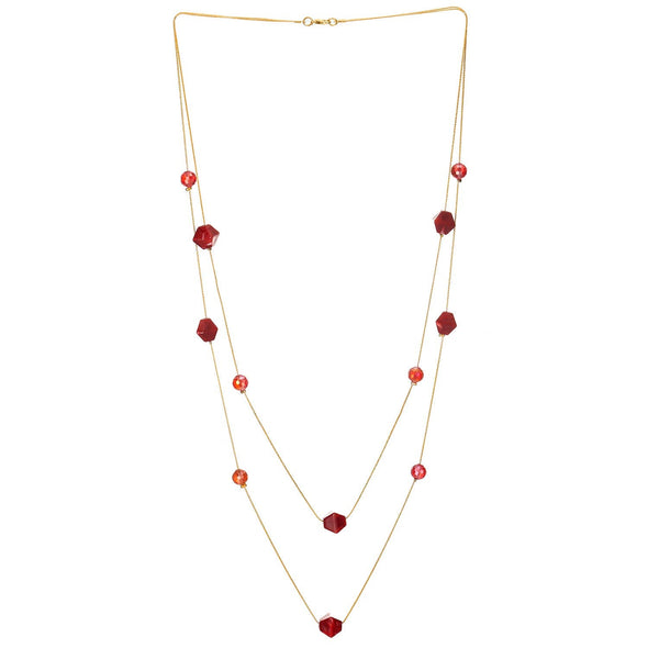 Gold Statement Necklace Two-Strand Long Chain with Red Crystal Resin Faceted Beads Charms - COOLSTEELANDBEYOND Jewelry