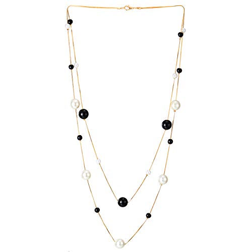 Gold Statement Necklace Two-Strand Long Chain with Synthetic Pearl Black Onyx Ball Charms Pendant - coolsteelandbeyond