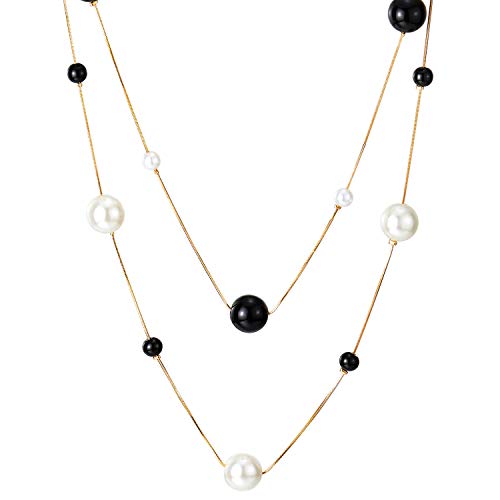 Gold Statement Necklace Two-Strand Long Chain with Synthetic Pearl Black Onyx Ball Charms Pendant - coolsteelandbeyond