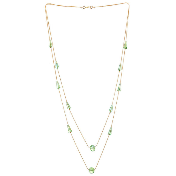 Gold Statement Necklace Two-Strand Long Chains with light Green Cone Crystal Beads Charms Pendant - coolsteelandbeyond