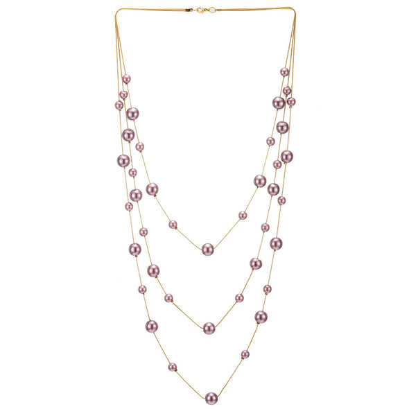 Gold Statement Necklace Two-Strand Long Chains with Pink Purple Synthetic Pearl Beads, Elegant Dress - COOLSTEELANDBEYOND Jewelry