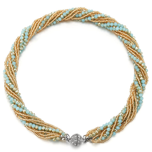 Gold Turquoise Statement Necklace Multi-Layer Beads Crystal Braided Chain Choker Collar Magnetic Clasp - COOLSTEELANDBEYOND Jewelry
