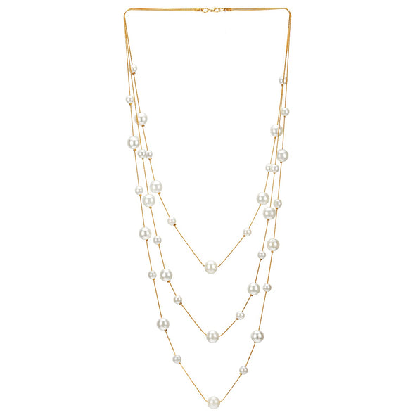 Gold White Statement Necklace Two-Strand Long Chains with Synthetic Pearl Beads, Elegant, Dress - COOLSTEELANDBEYOND Jewelry