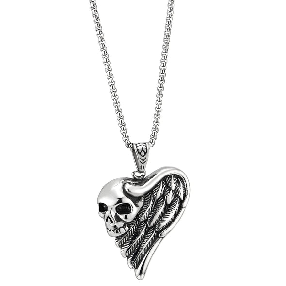 Gothic Man Women Steel Vintage Skull Angel Wing Half Heart Pendant Necklace, 30 inches Wheat Chain - COOLSTEELANDBEYOND Jewelry