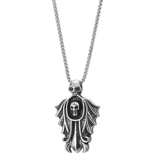 Gothic Men Stainless Steel Vintage Bat Skull Shield Pendant Necklace with 30 Inches Wheat Chain - COOLSTEELANDBEYOND Jewelry