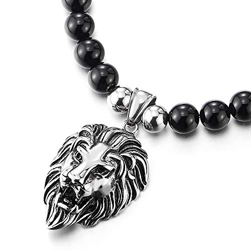 Gothic Punk Rock Mens Black Onyx Beads Necklace Stainless Steel Vintage Lion Head Pendant - COOLSTEELANDBEYOND Jewelry