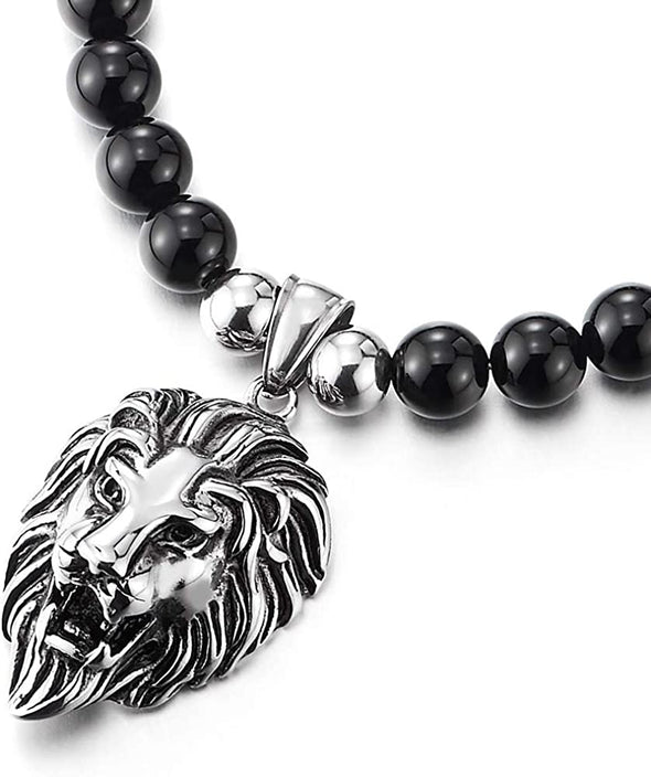 Gothic Punk Rock Mens Black Onyx Beads Necklace Stainless Steel Vintage Lion Head Pendant - COOLSTEELANDBEYOND Jewelry