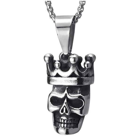 Gothic Stainless Steel Vintage Crown Skull Pendant Necklace for Men Women, 30 inches Wheat Chain