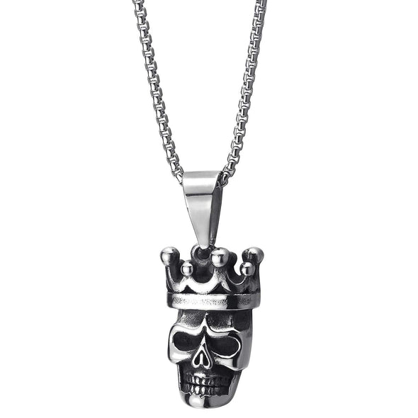 Gothic Stainless Steel Vintage Crown Skull Pendant Necklace for Men Women, 30 inches Wheat Chain
