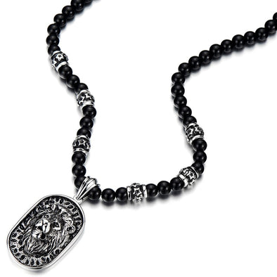 Gothic Style Mens Beads Necklace with Stainless Steel Lion Head Shield Pendant - COOLSTEELANDBEYOND Jewelry