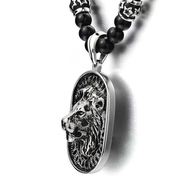 Gothic Style Mens Beads Necklace with Stainless Steel Lion Head Shield Pendant - COOLSTEELANDBEYOND Jewelry