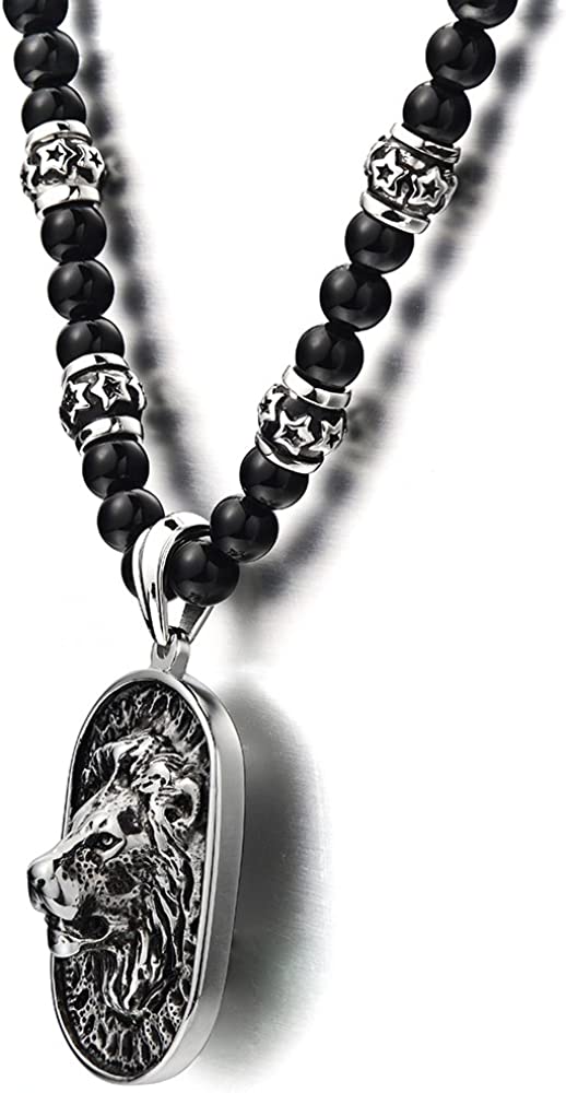 Gothic Style Mens Beads Necklace with Stainless Steel Lion Head Shield Pendant - COOLSTEELANDBEYOND Jewelry