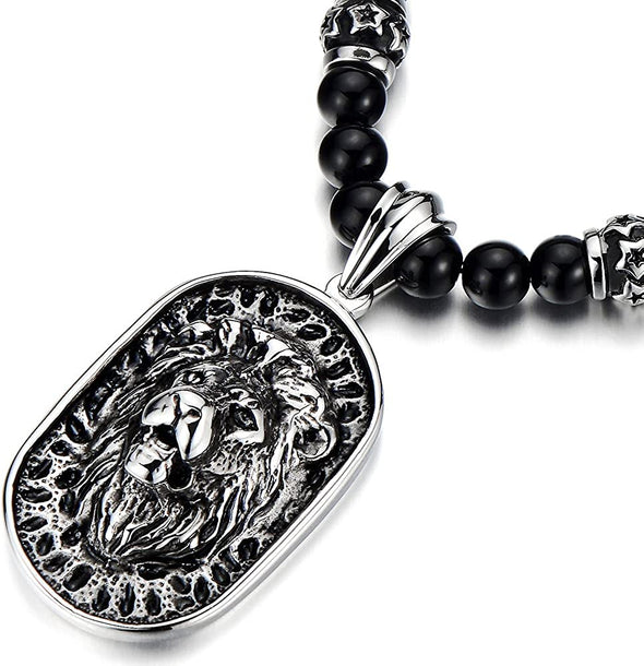 Gothic Style Mens Beads Necklace with Stainless Steel Lion Head Shield Pendant - COOLSTEELANDBEYOND Jewelry