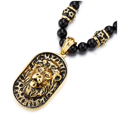 Gothic Style Mens Black Onyx Beads Necklace with Gold Black Stainless Steel Lion Head Shield Pendant