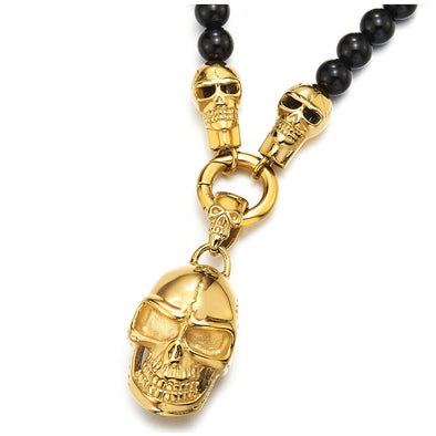 Gothic Style, Mens Women Black Onyx Beads Chain Necklace and Stainless Steel Vintage Skulls Pendant - COOLSTEELANDBEYOND Jewelry