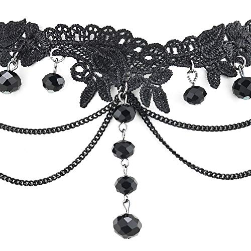 Gothic Victorian Nostalgic Black Lace Choker Necklace with Long Dangling Black Beads and Chains - coolsteelandbeyond