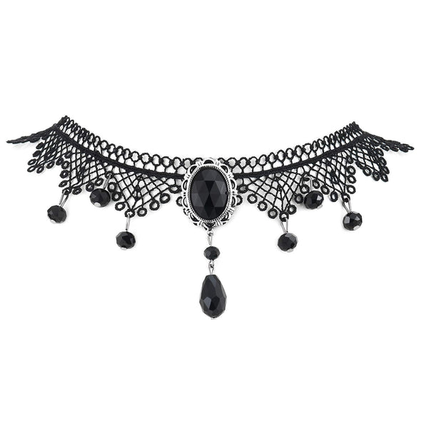 Gothic Victorian Nostalgic Women Black Lace Choker Necklace Dangling Black Oval Beads Charm Pendant